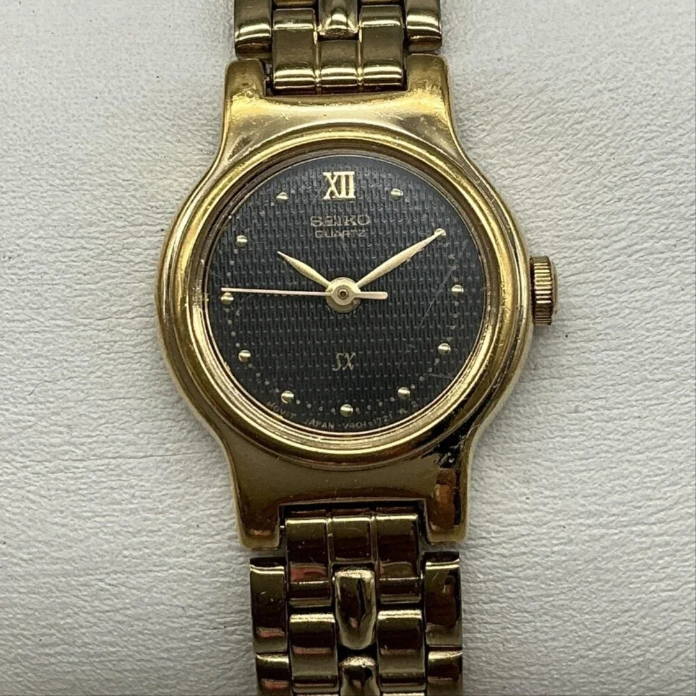 Seiko V401-0511 Womens Watch 19mm Black Dial Gold Tone New Battery 6.75
